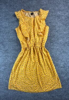 City Streets Women's Small Yellow Floral Ruffle Sleeve Dress Cotton Boho